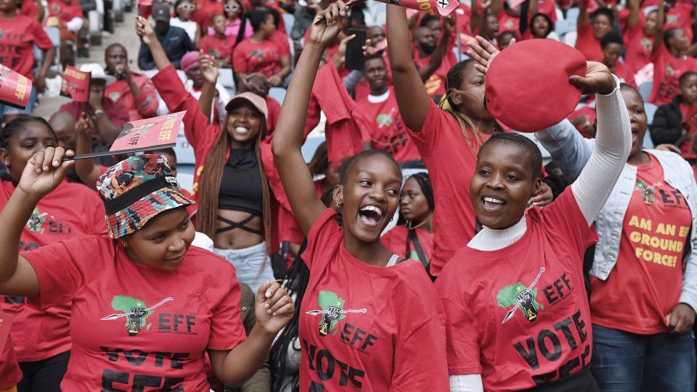 EFF supporters during an Economic Freedom Fighters party manifesto launch in Durban, South Africa, on Saturday, Feb. 10, 2024
