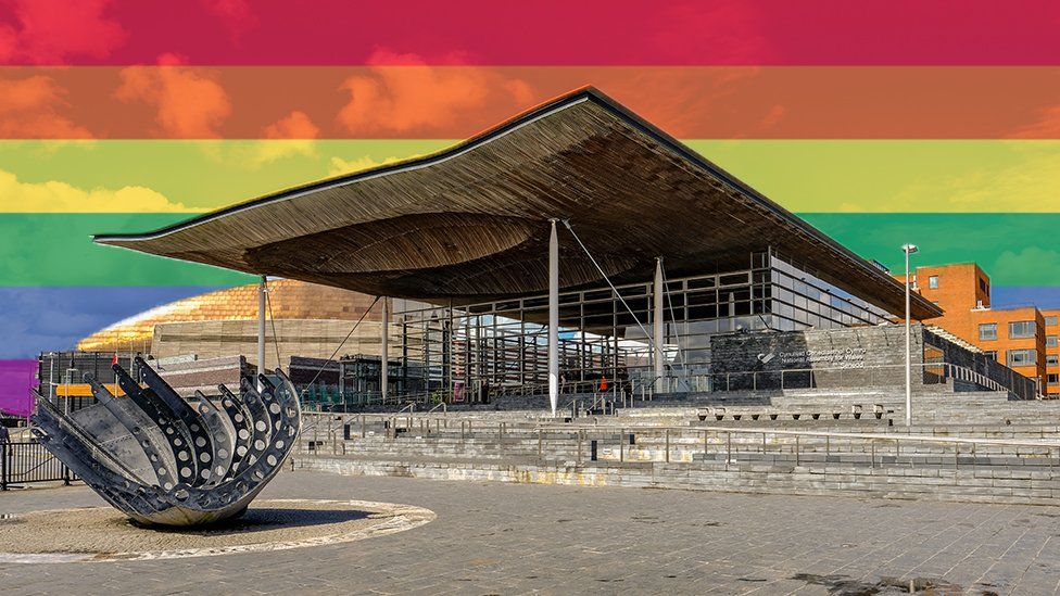 Welsh Assembly and rainbow flag graphic