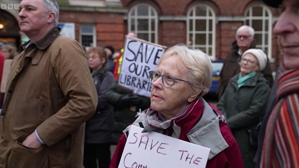 Protesters outside a York library on Thursday