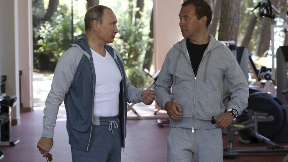President Putin (l) and Dmitry Medvedev (r), Sochi, 2015