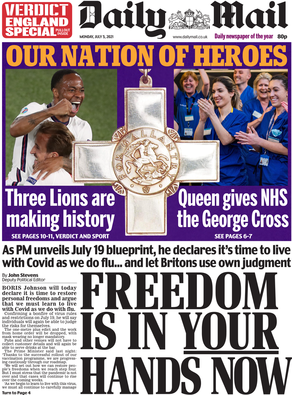 The Daily Mail front page 5 July 2021