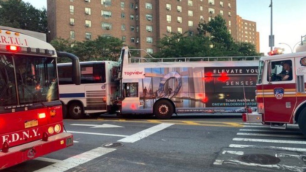 The buses collided, seen here in a fire department handout photograph, showing the TopView coach against the MTA bus