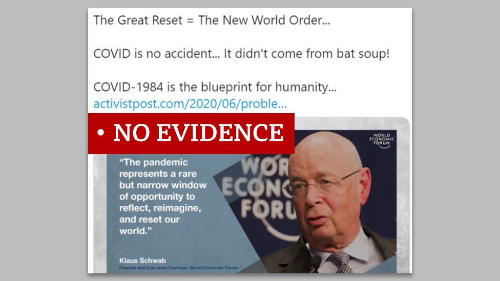 Screenshot of a tweet that says "The Great Reset = The New World Order..." We added a "no evidence" label.