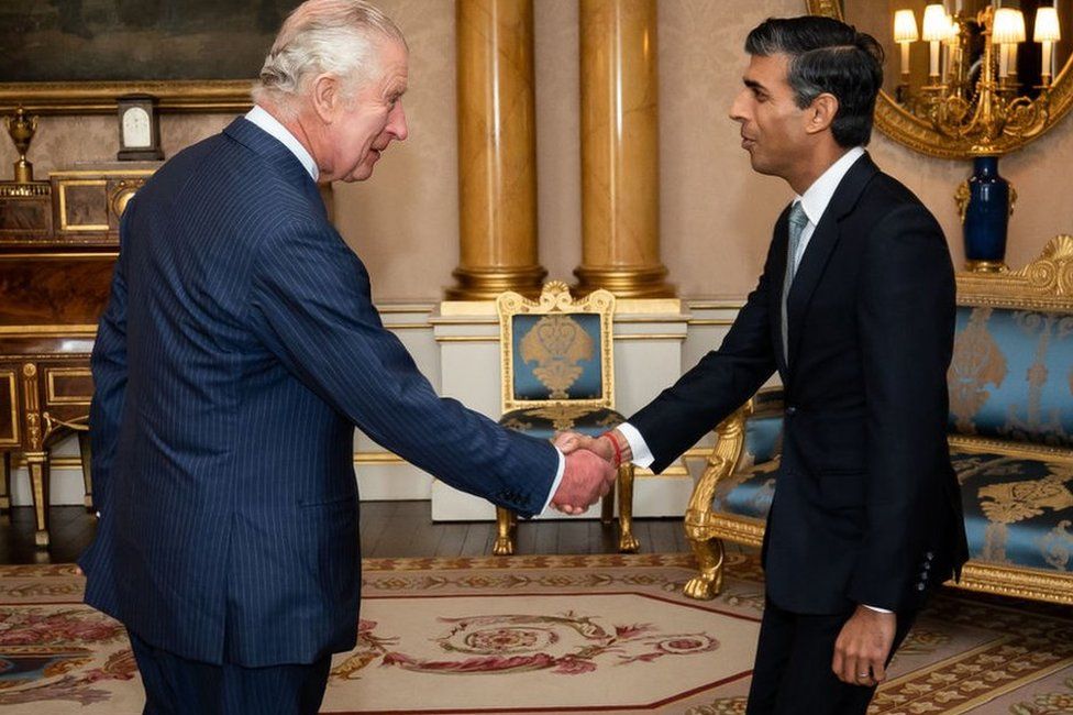 King Charles shaking the hand of Prime Minister Rishi Sunak