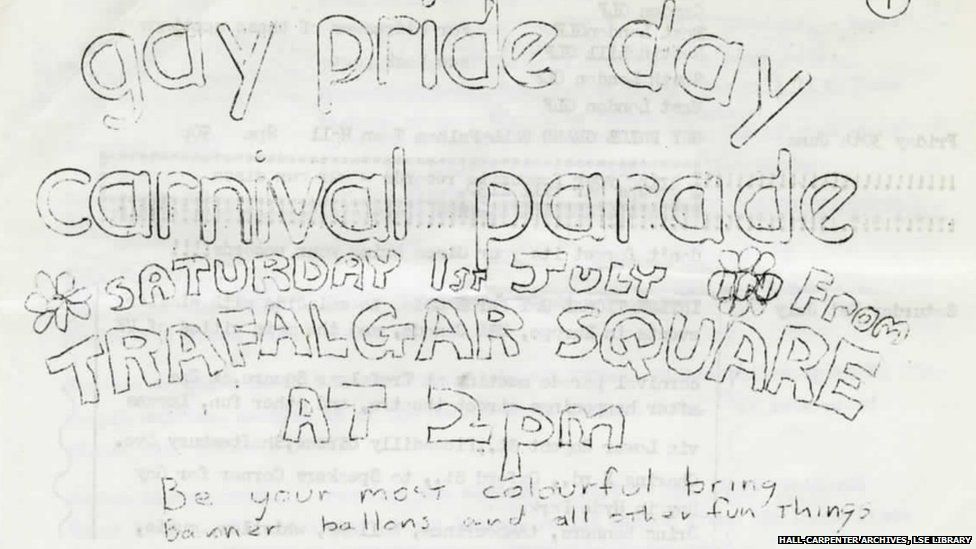A hand-drawn leaflet advertising the UK's first ever pride march