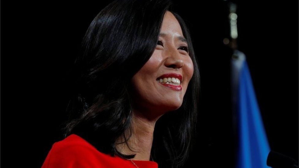 Michelle Wu speaks to supporters after winning her race for Mayor of Boston, to become the first woman and first person of colour to be elected to the office, in Boston, Massachusetts, U.S., November 2, 2021.