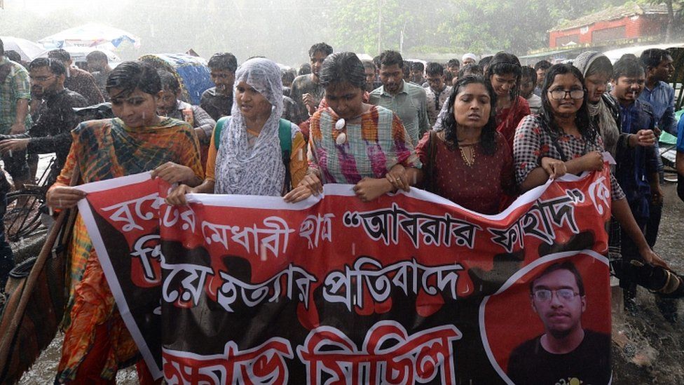 University students take part in a protest after a fellow student was found dead, at Dhaka University campus, Bangladesh, 7 October 2019