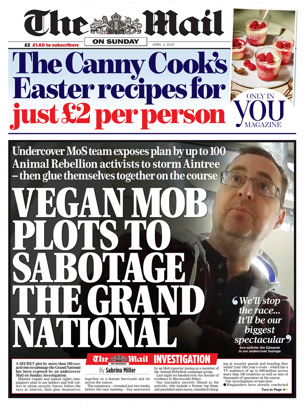 Front page of the Mail on Sunday for 2 April