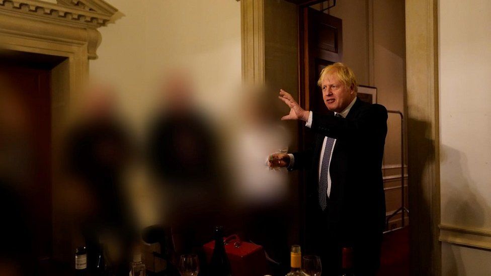Handout photo dated 13/11/20 issued by the Cabinet Office showing the then prime minister Boris Johnson at a gathering in 10 Downing Street for the departure of a special adviser