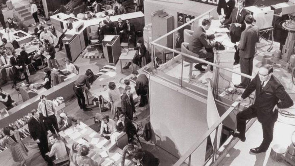 Cliff Michelmore surveys Studio 1, TV Centre during 1966 General Election