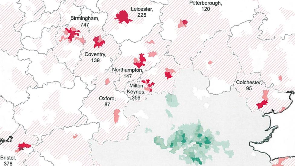 A map showing the number of London-registered drivers are living far from the capital