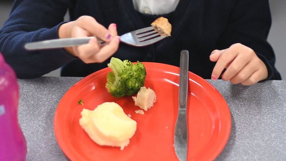 A pupil eats her cooked hot dinner