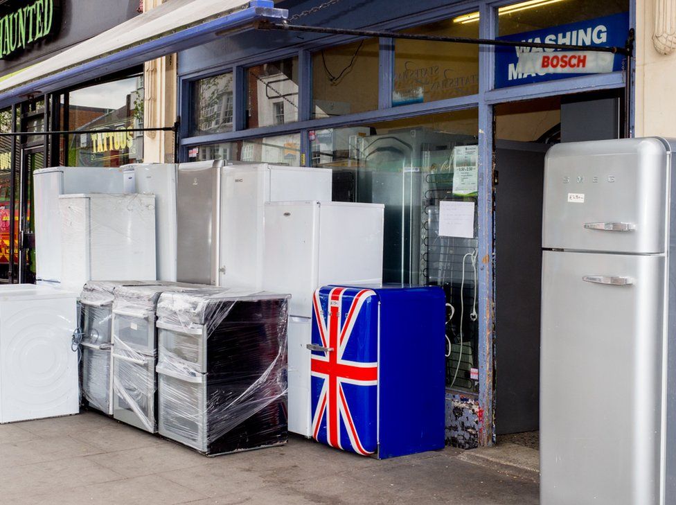 A Union Flag decorated refrigerator for sale. Holloway, London.