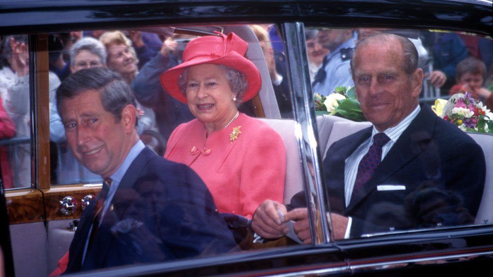 The Queen at the Official Opening of the National Assembly of Wales with Prince Philip and Prince Charles, Prince of Wales on 26 May 1999