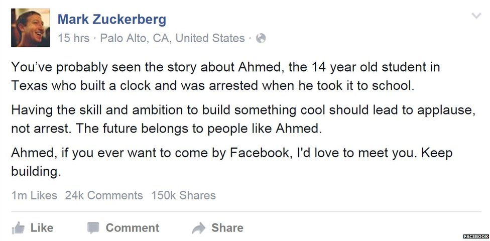 Сообщение Марка Цукерберга на Facebook об Ахмеде