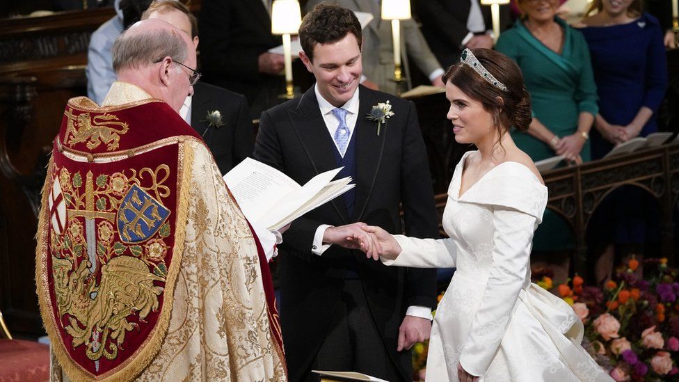 Princess Eugenie and Jack Brooksbank during their wedding ceremony at St George"s Chapel in Windsor Castle