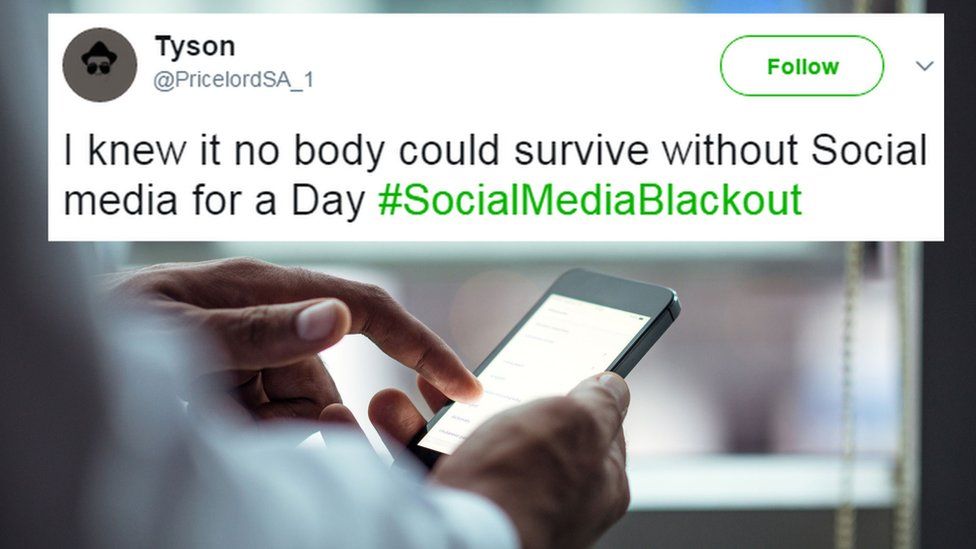 A tweet reads: "I knew it, nobody could survive without social media for a day" overlaid over someone texting
