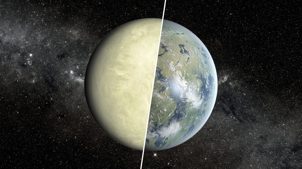 Graphic showing a non-habitable zone planet as dry and a habitable zone planet as rich with water and life