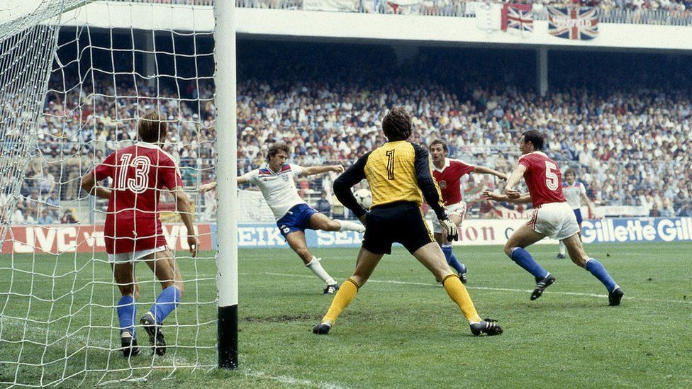 Trevor Francis scores against Czechoslovakia in the 1982 World Cup
