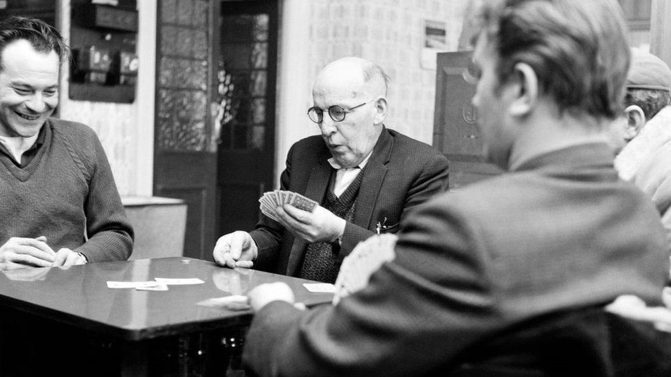 Men playing cards at Buff's Working Men's Club, Middlesbrough, in March 1968