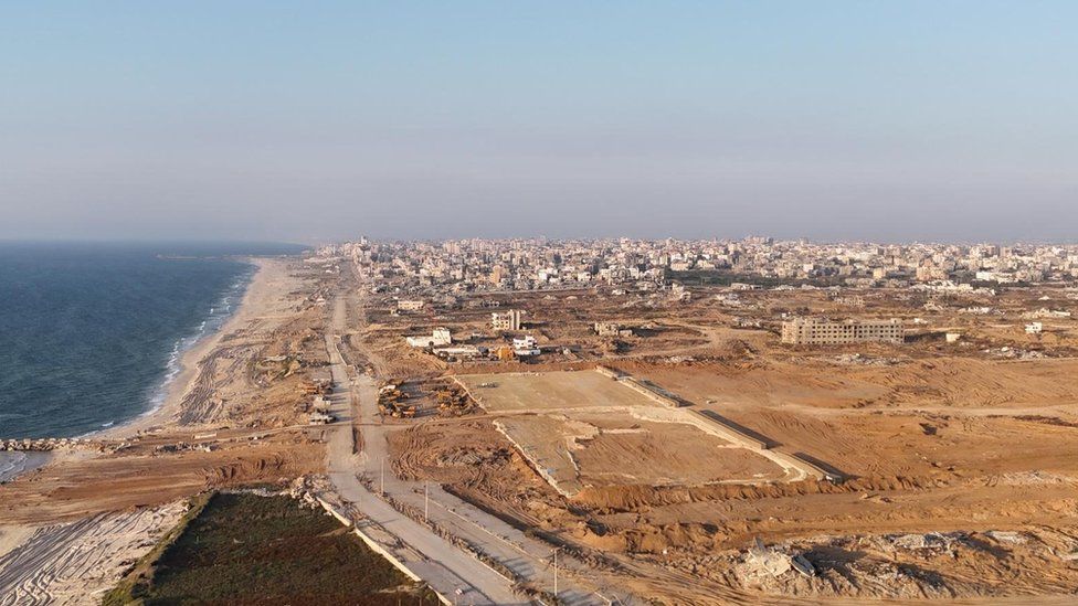 Israel Defense Forces (IDF) aerial photograph showing site in northern Gaza being prepared for receiving aid from a US floating pier under construction off the coast (27 September 2024)