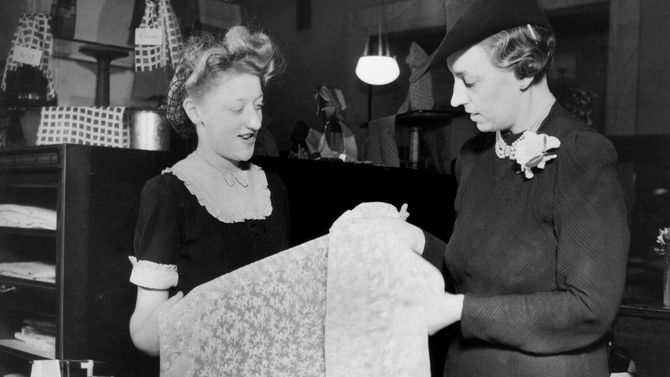 Notingham Lace being sold in a London Store in 1942