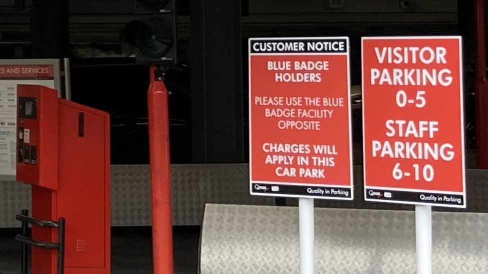 Parking garage at a hospital with parking signs on a red background
