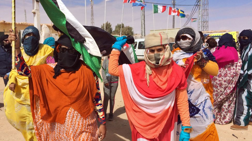 Saharawi women ululate and fly the flag