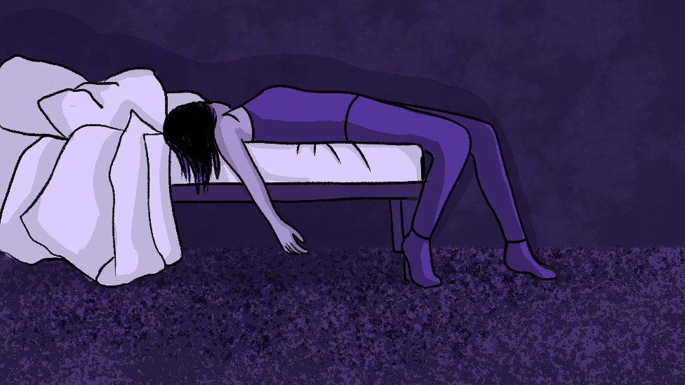 Illustration of a woman passed out on a bed