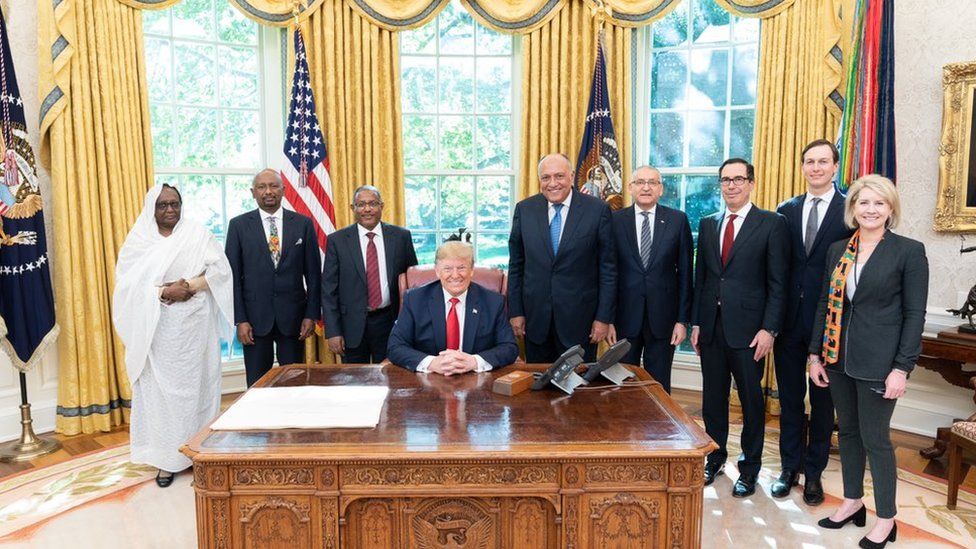 US President Donald Trump meeting top representatives from Egypt, Ethiopia, and Sudan in the White House on 6 November 2019