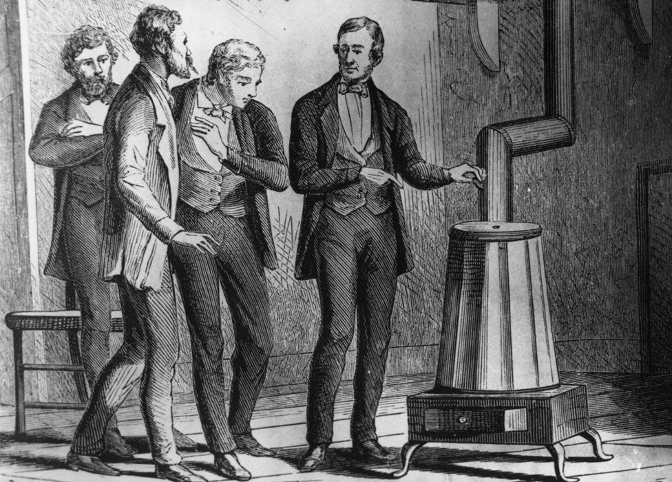 Charles Goodyear demonstrating his new dry heat rubber vulcanisation process, which prevented rubber becoming sticky
