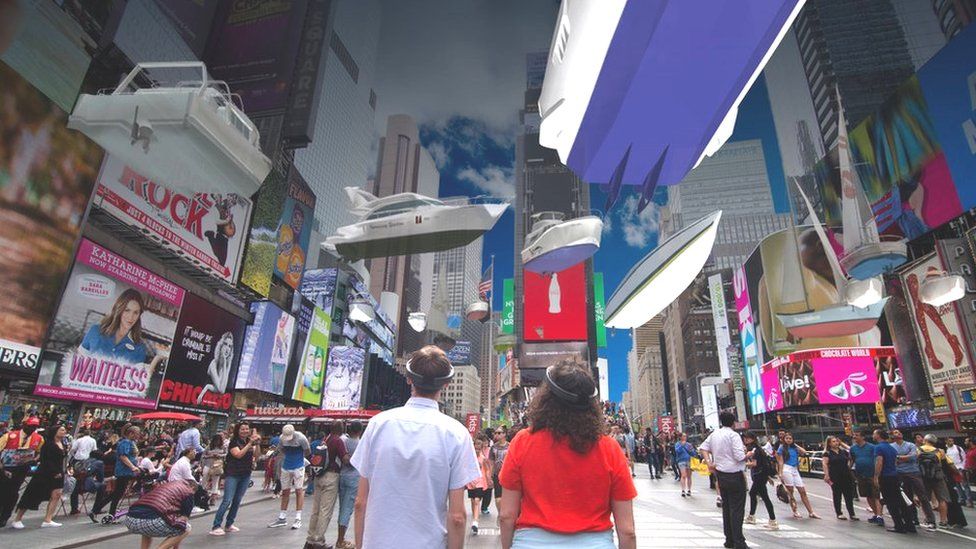 AR boats floating above viewers' heads in Time Square, New York