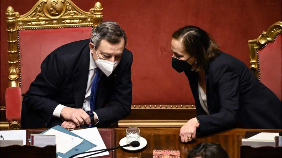 Italian Prime Minister Mario Draghi (L) with Minister of Interior Luciana Lamorgese (R) after he delivered a speech at the Senate ahead of the upcoming European Council meeting, Rome, Italy, 24 March 2021