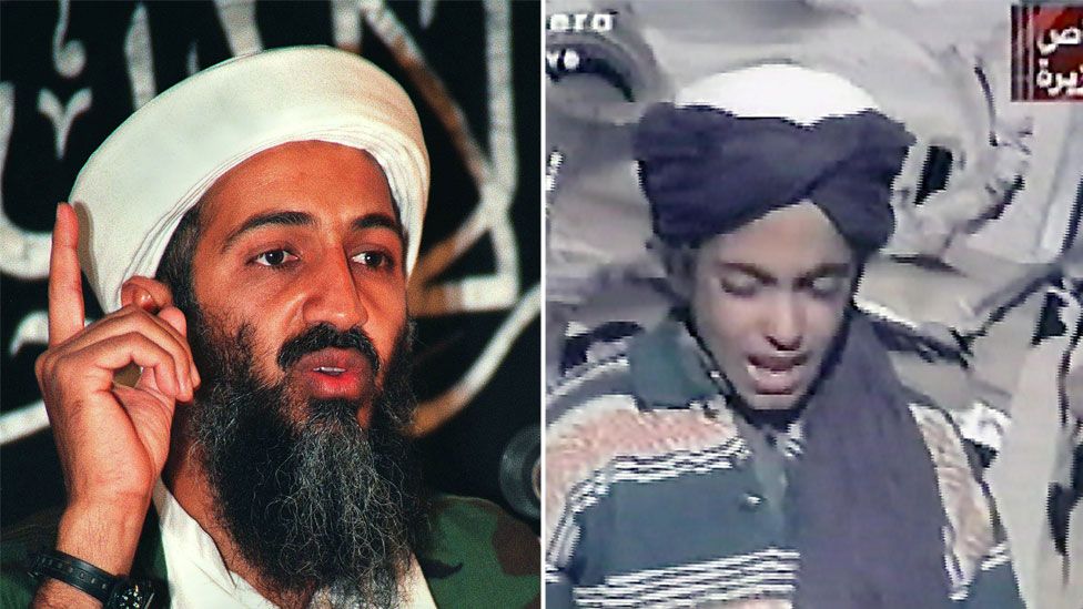 A composite image showing Osama bin Laden, left, and a young Hamza bin Laden in 2001, right