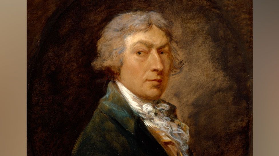 A self-portrait of artist Thomas Gainsborough in oils, wearing a greenish coat, with a white cravat called a stock wrapped round his neck, looking towards the viewer 