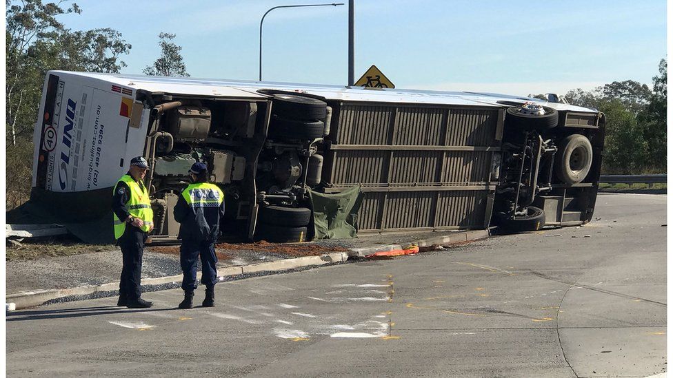 Overturned bus near Greta, NSW