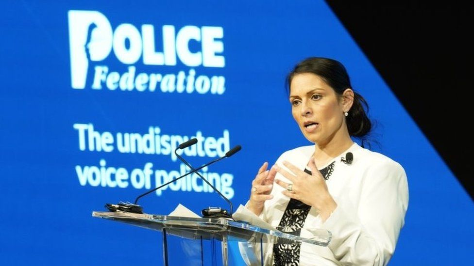 File photo of Priti Patel speaking at the PFEW conference in Manchester in May 2022.