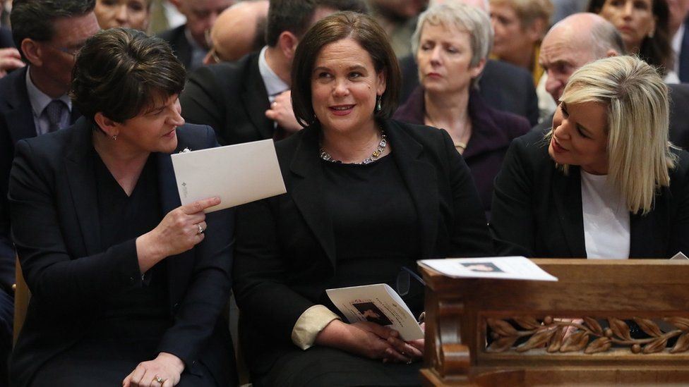 Arlene Foster, Mary-Lou McDonald and Michelle O'Neill at the funeral of Lyra McKee