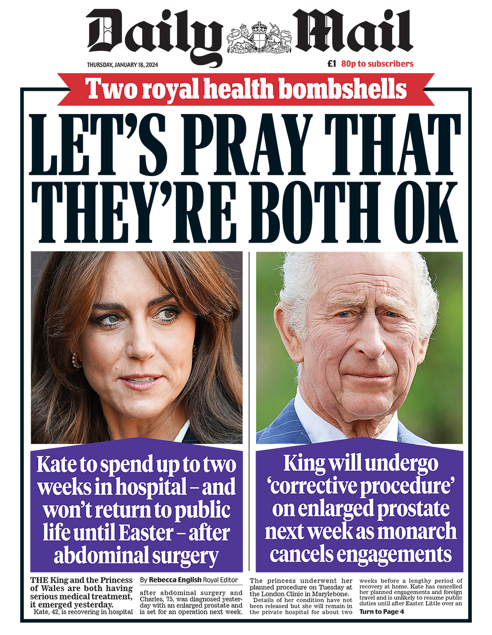 The headline in the Mail reads: "Let's pray that they're both ok".