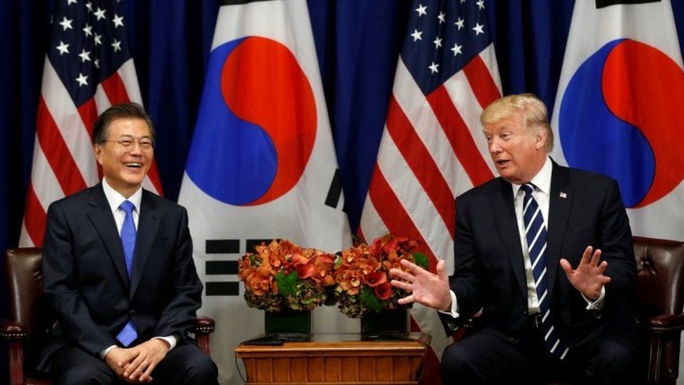 US President Donald Trump meets South Korean president Moon Jae-in during the UN General Assembly in New York, on 21 September 2017.