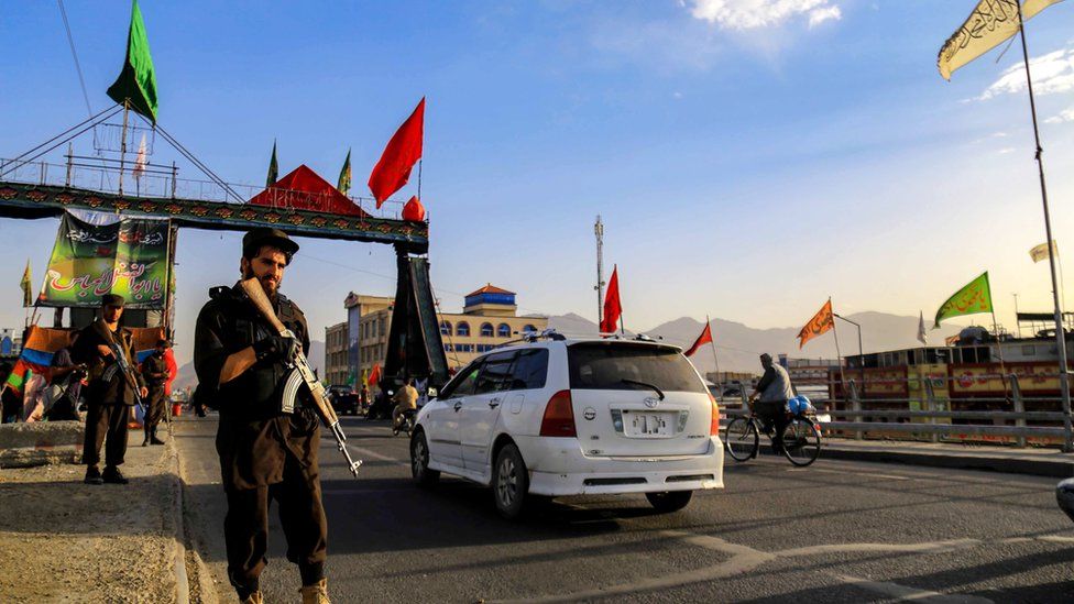 Taliban stand guard near a Shiite Muslims Mosque during Ashura Day in Kabul, Afghanistan