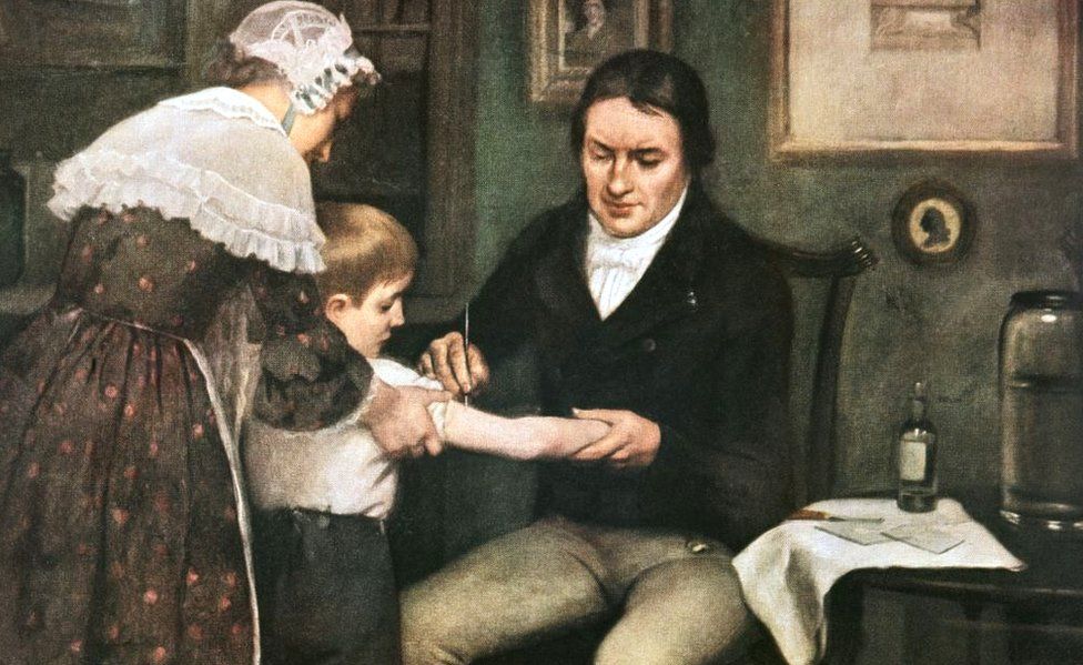 Painting of Edward Jenner performing his first vaccination against smallpox in 1796