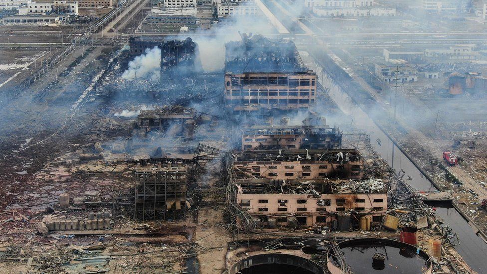 Burnt out buildings after a huge chemical blast in China