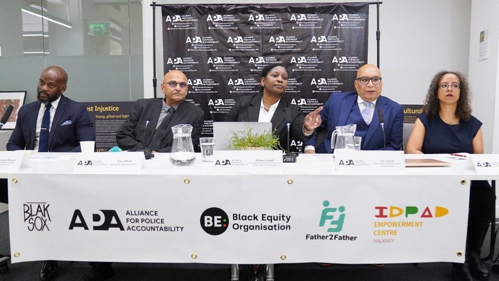 Representatives from Father 2 Father, Bhatt Murphy Solicitors, the IDPAD, the Alliance for Police Accountability and Black Equity Organisation during a news conference in east London on Thursday