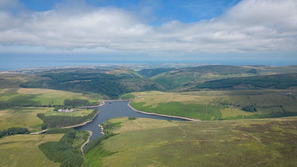A photo of Sulby reservoir from above