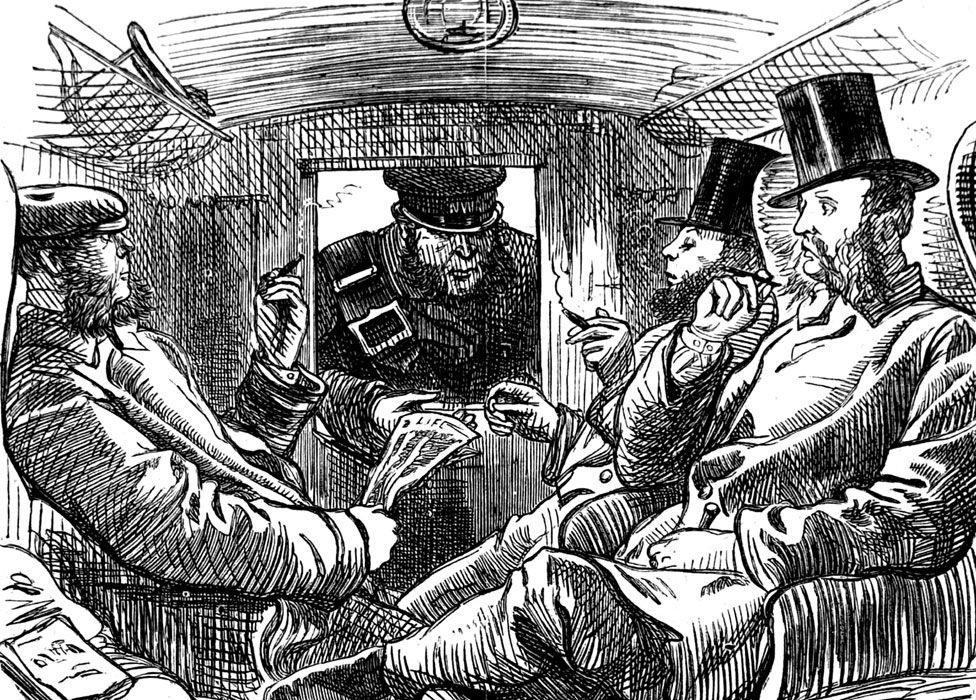 A 19th century conductor checking tickets in a first class train carriage