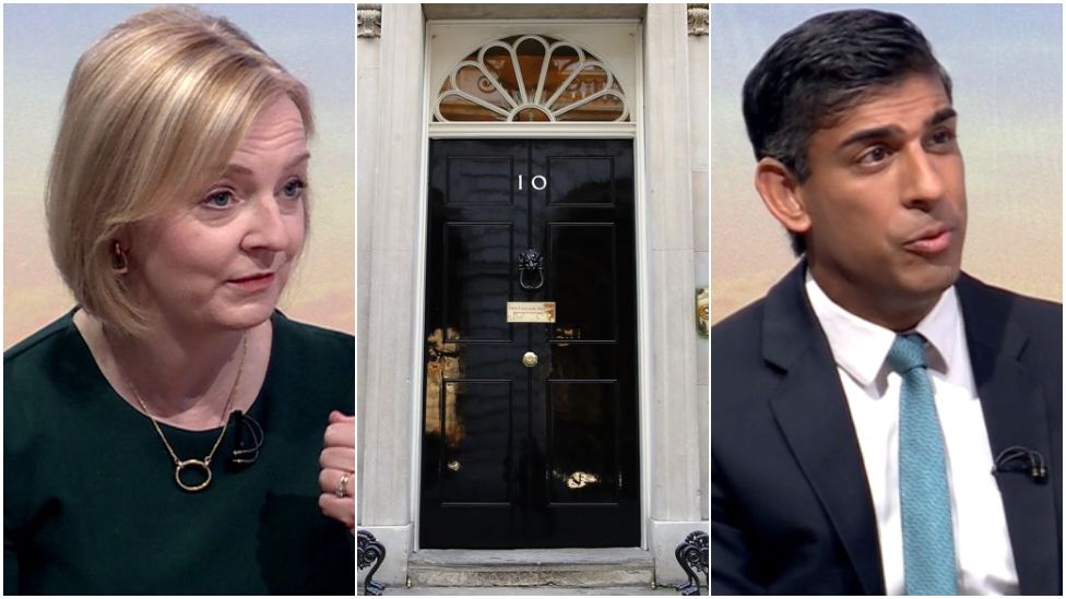 Liz Truss and Rishi Sunak and Number 10 Downing Street front door