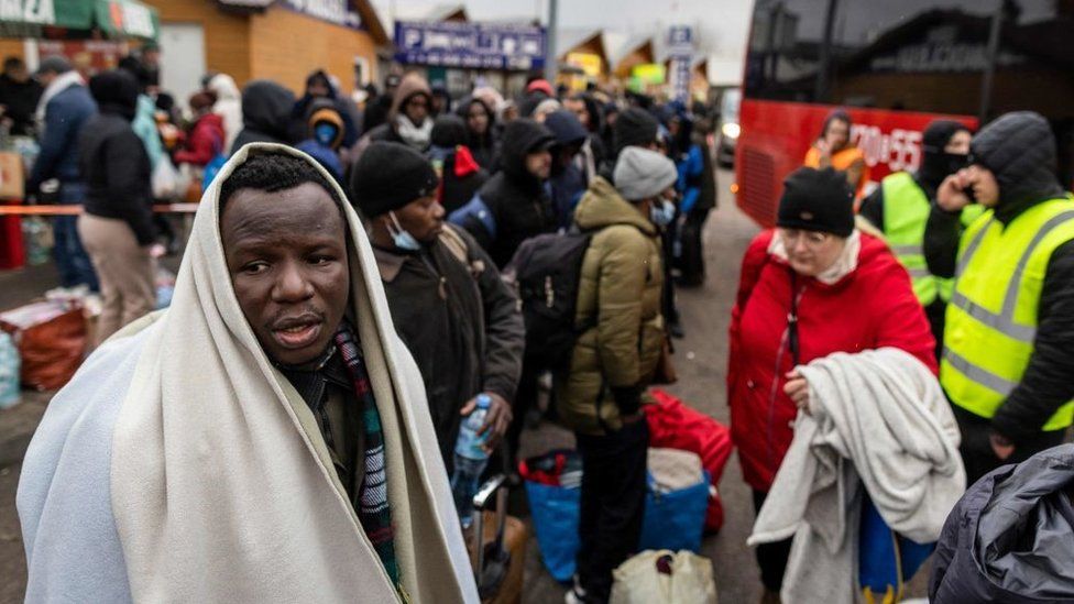 Refugees from many different countries - from Africa, Middle East and India - mostly students of Ukrainian universities are seen at the Medyka pedestrian border crossing fleeing the conflict in Ukraine, in eastern Poland on February 27, 2022
