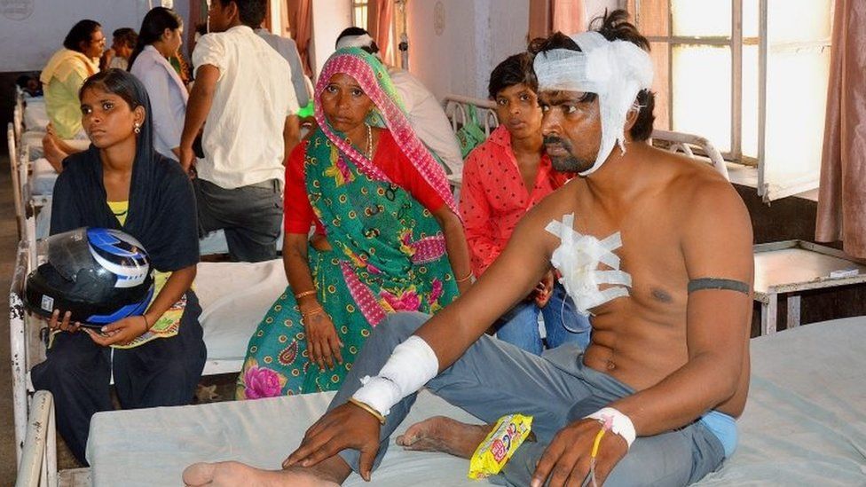 Injured wedding guests receive medical treatment at a hospital after a wall collapsed at the nearby wedding, killing at least 24 people in the Bharatpur district of Rajasthan, India, 11 May 2017.