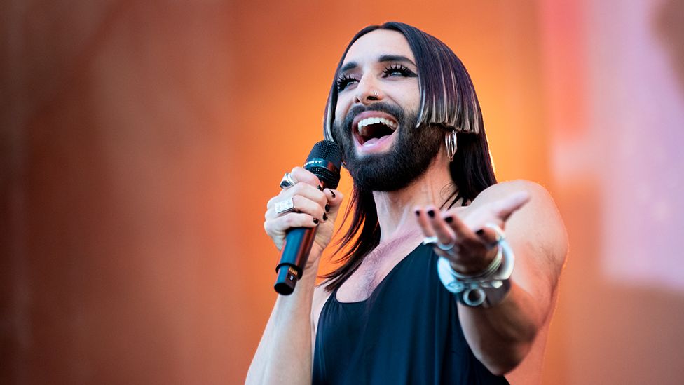 Conchita Wurst performing at the Eurovision Village in Liverpool in May 2023.